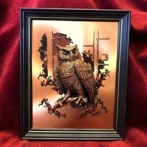 RARE Vintage 3D Copper Owl Framed Art by Mouth Artist John Louw, Circa 1970’s!